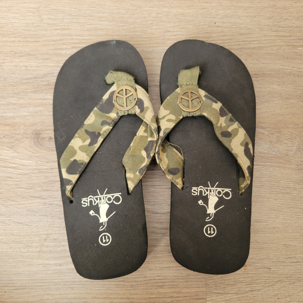 Corkys Kids Flip Flops 11 Green Camo Peace Sign Canvas‎ Thong Sandals Casual